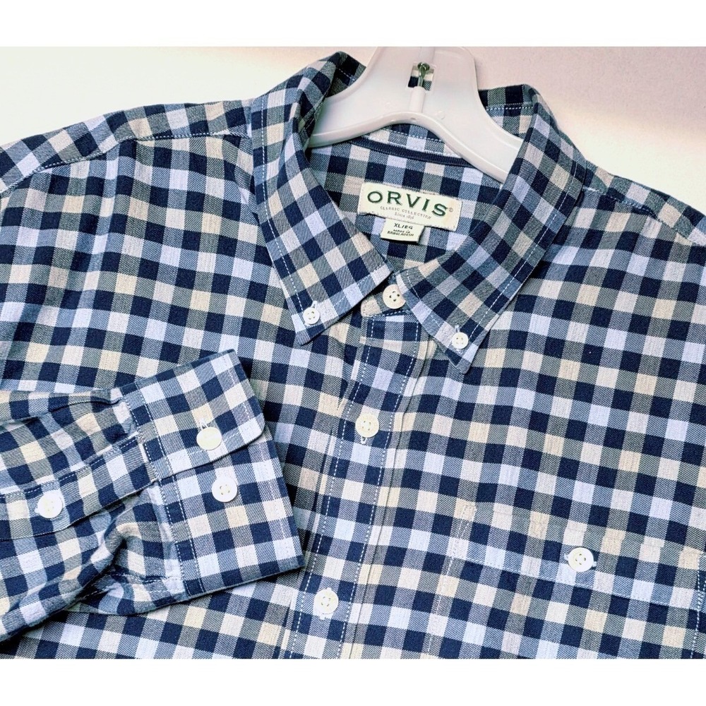 Orvis Plaid Men's Shirt X-Large Button Down Check‎ Lyocell Pocket Blue Gray